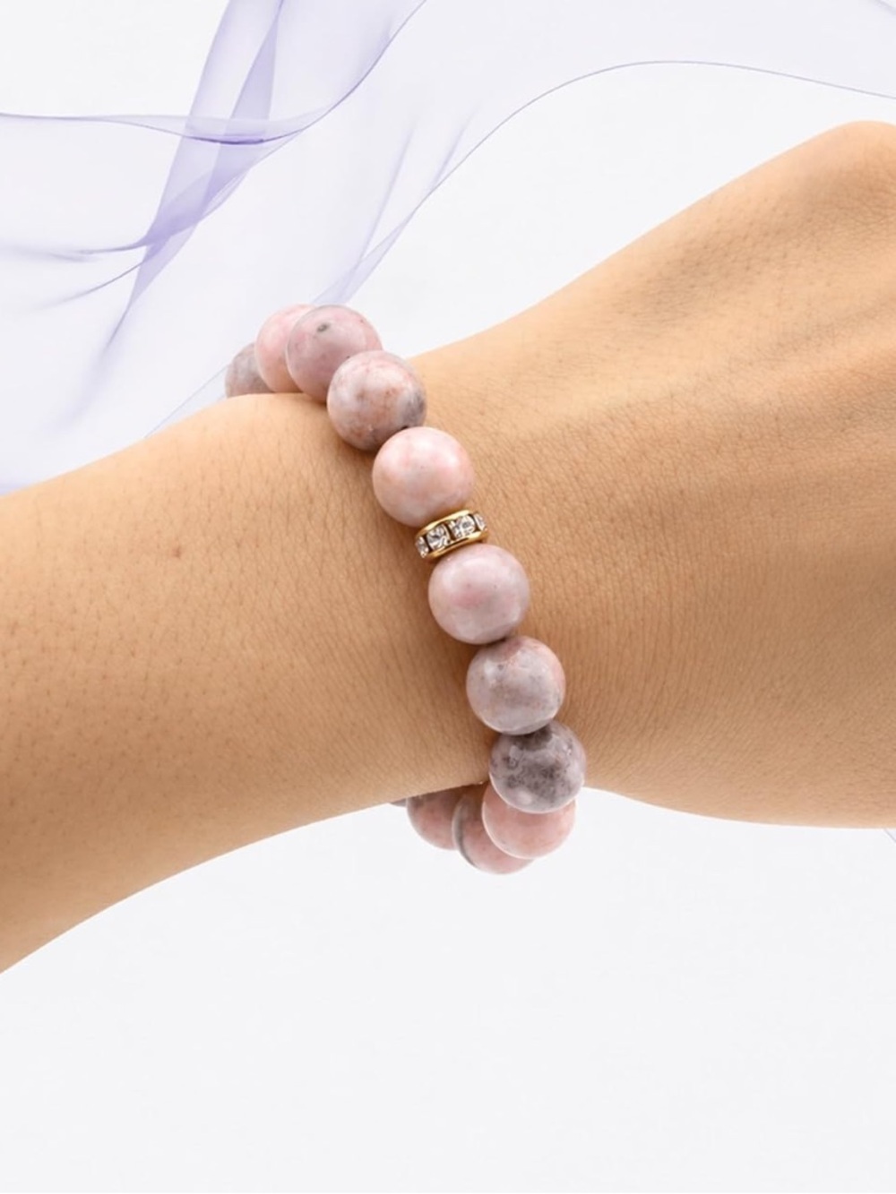 Anthropologie Pink Rhodonite Bead Bracelet with Gold Rhinestone Spacers